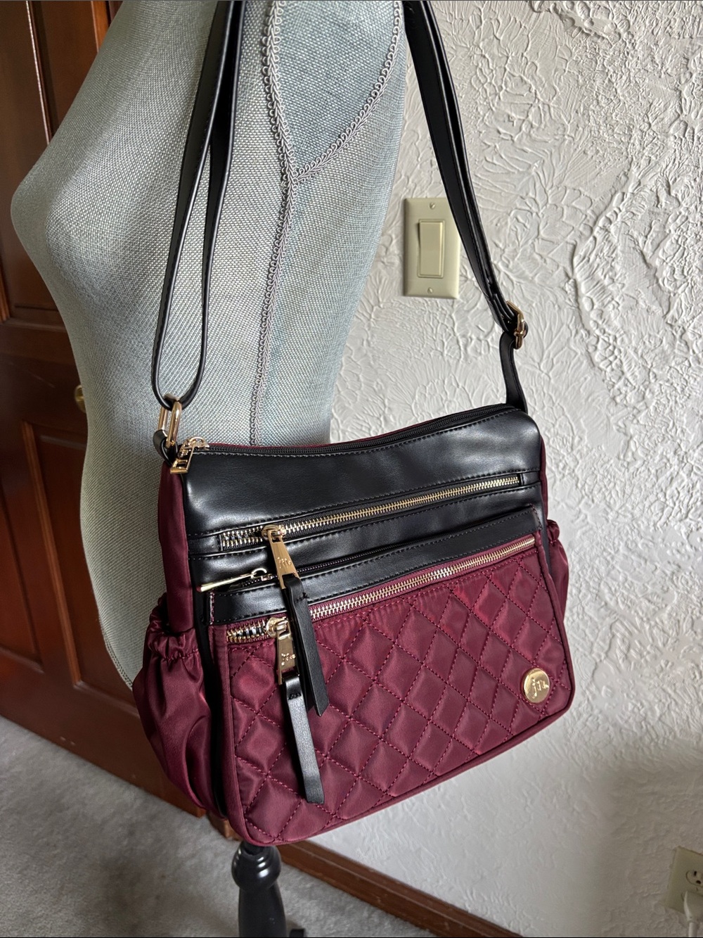NWOT Quilted Burgundy satchel Bag with Black Trim and Gold Accents